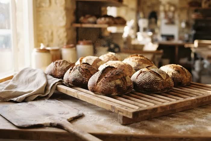 Sourdough loaves cooling on a bakery rack