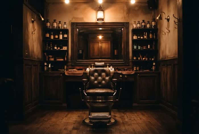 Vintage barbershop interior with a leather chair
