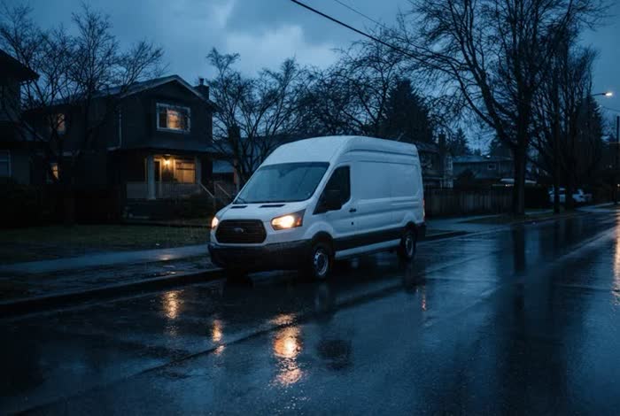 Plumbing service van at a Vancouver curb at dusk
